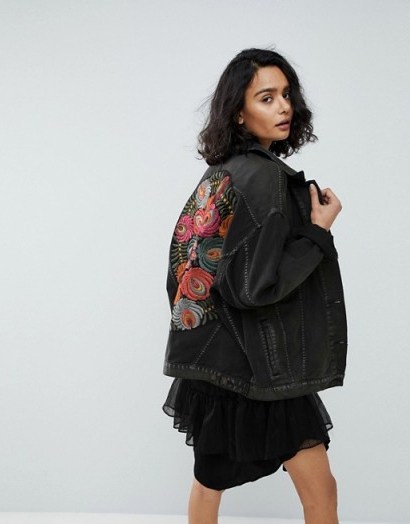 Free People Oversized Embroidered Back Denim Jacket | black slouchy jackets - flipped
