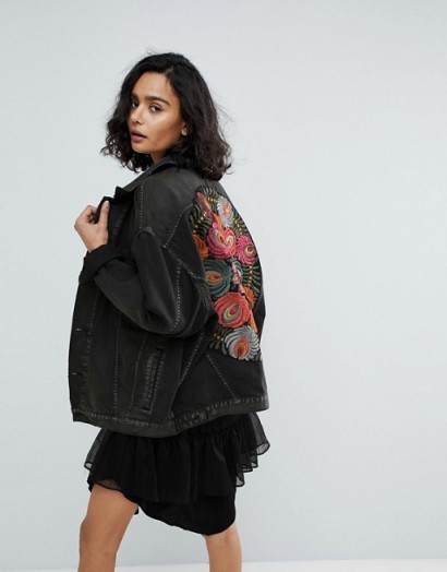 Free People Oversized Embroidered Back Denim Jacket | black slouchy jackets