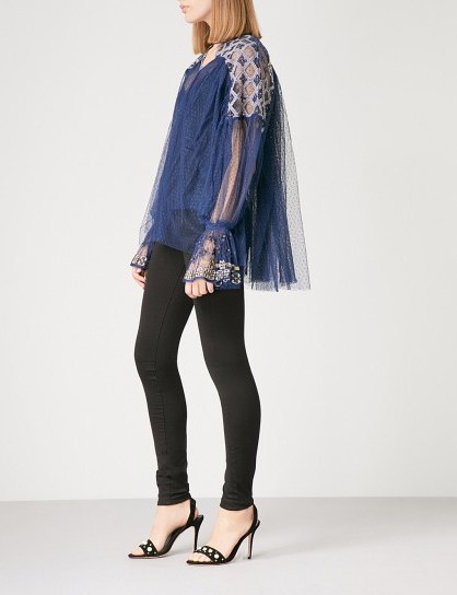 FREE PEOPLE Joyride embroidered-detail tulle top | frothy semi sheer navy-blue tops - flipped