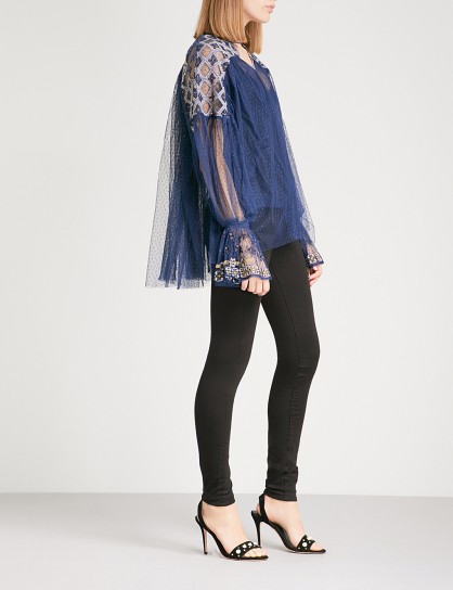 FREE PEOPLE Joyride embroidered-detail tulle top | frothy semi sheer navy-blue tops