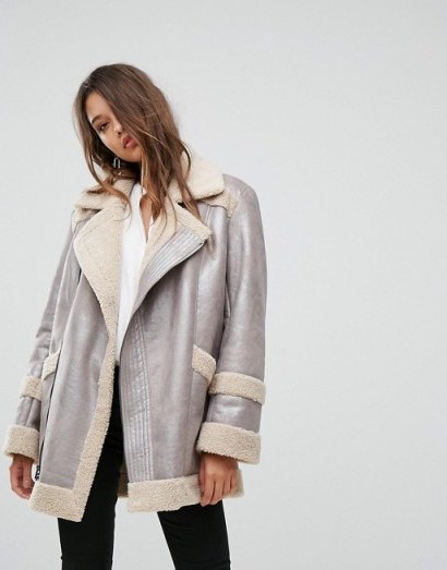 French Connection Metallic Faux Shearling Jacket ~ silver jackets ~ luxe style coats - flipped