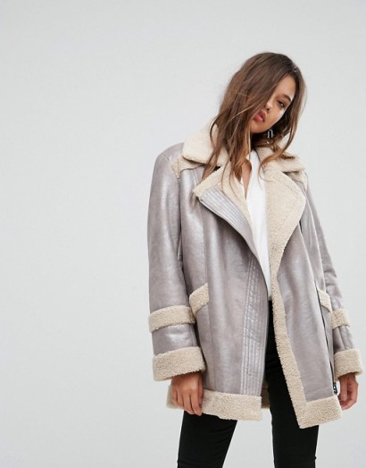 French Connection Metallic Faux Shearling Jacket ~ silver jackets ~ luxe style coats