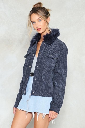 NASTY GAL Fur Your Love Corduroy Jacket ~ navy-blue fur collar jackets