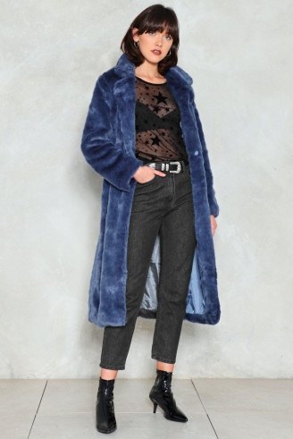 NASTY GAL Fur-Tune Teller Longline Coat ~ long blue winter coats - flipped
