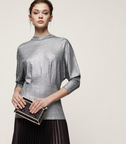 REISS GALE HIGH-NECK METALLIC TOP SILVER ~ glamorous batwing evening tops ~ party clothing - flipped
