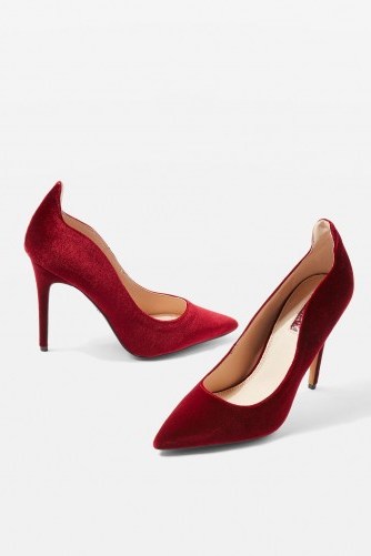 TOPSHOP Pointed Velvet Heels – red party shoes - flipped