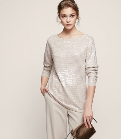 Reiss GENE SEQUIN-DETAIL JUMPER NATURAL ~ shimmering fine knit jumpers ~ evening fashion ~ sequinned party tops - flipped
