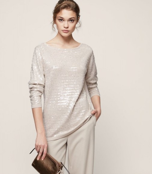 Reiss GENE SEQUIN-DETAIL JUMPER NATURAL ~ shimmering fine knit jumpers ~ evening fashion ~ sequinned party tops