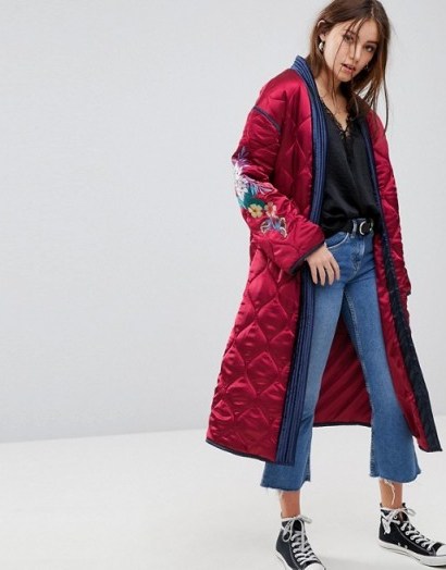 Glamorous Premium Wrap Jacket In Quilted Satin With Floral Embroidery ~ red luxe style coats - flipped