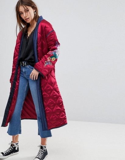 Glamorous Premium Wrap Jacket In Quilted Satin With Floral Embroidery ~ red luxe style coats