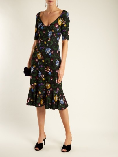 ERDEM Glenys floral-print jersey dress ~ V-neck ruffle hem evening dresses
