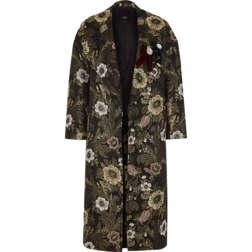 River Island Gold floral jacquard brooch embellished coat ~ luxe style