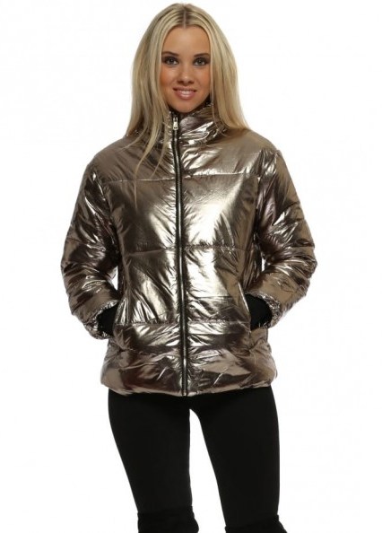 FRENCH BOUTIQUE Gold Foil Look Quilted Jacket ~ metallic padded jackets ~ casual glamour - flipped