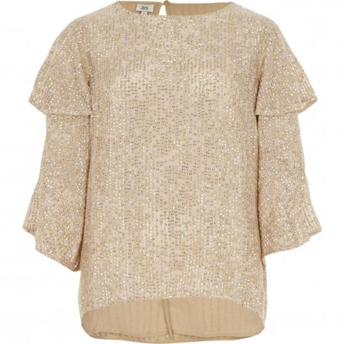 River Island Gold sequin embellished frill sleeve top – sequinned party tops - flipped