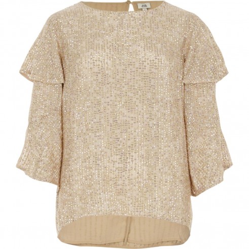 River Island Gold sequin embellished frill sleeve top – sequinned party tops