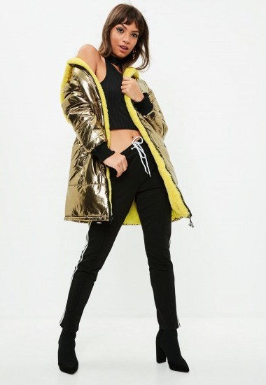 MISSGUIDED gold tall metallic fur lined bubble coat | warm luxe style winter coats - flipped