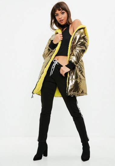 MISSGUIDED gold tall metallic fur lined bubble coat | warm luxe style winter coats