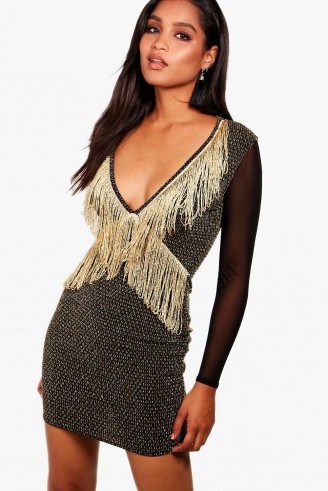 boohoo Grace Tassel Detail Metallc Bodycon Dress – glamorous party dresses - flipped
