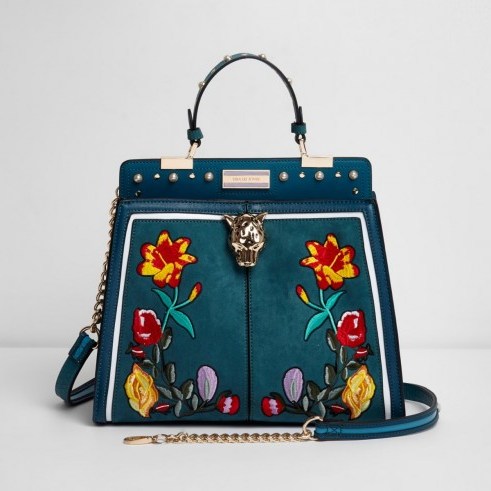 River Island Green jaguar head floral embroidered tote bag | top handle bags - flipped