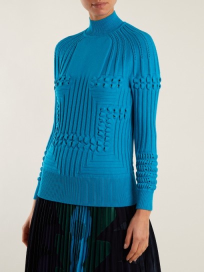 MARY KATRANTZOU Hardy high-neck panelled ribbed-knit sweater ~ textured sweaters ~ sky-blue ribbed jumpers