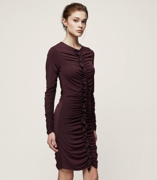 REISS HARRIET RUFFLE-FRONT BODYCON DRESS BORDEAUX ~ dark-red ruched party dresses - flipped