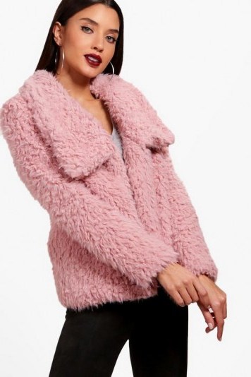 boohoo Heidi Wrap Faux Fur Coat – fluffy rose-pink coats – winter jackets - flipped