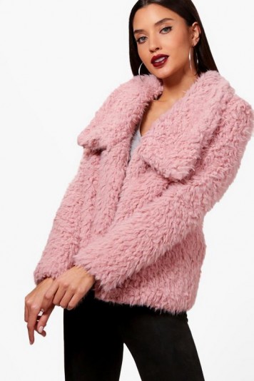 boohoo Heidi Wrap Faux Fur Coat – fluffy rose-pink coats – winter jackets