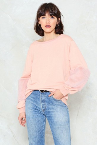 Nasty Gal How Low Can You Faux Fur Sweater – pink fluffy sleeved sweaters