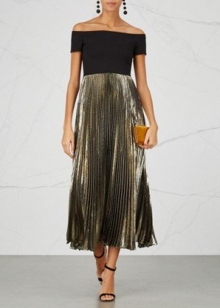 ALICE + OLIVIA Ilana jersey and lamé dress ~ bardot metallic pleated skirt party dresses ~ off the shoulder evening wear - flipped