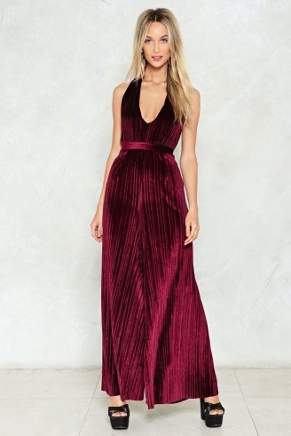 NASTY GAL In the Evening Velvet Jumpsuit – merlot red plunge front wide leg pleated jumpsuits – going out party style - flipped