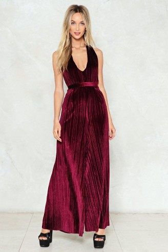 NASTY GAL In the Evening Velvet Jumpsuit – merlot red plunge front wide leg pleated jumpsuits – going out party style