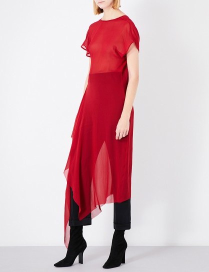 ISABEL BENENATO Flared-hem semi-sheer silk dress – red asymmetric dresses - flipped