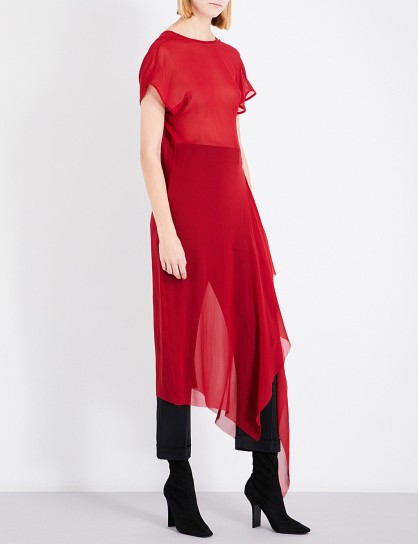 ISABEL BENENATO Flared-hem semi-sheer silk dress – red asymmetric dresses