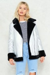 NASTY GAL It’ll Be Shine Aviator Jacket – silver and black faux fur jackets – warm stylish winter coats