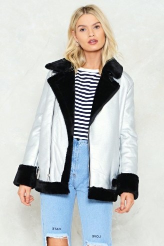 NASTY GAL It’ll Be Shine Aviator Jacket – silver and black faux fur jackets – warm stylish winter coats - flipped
