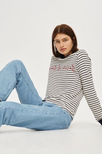 TOPSHOP ‘Je Suis A Vous’ T-Shirt – French slogan t-shirts – striped tops - flipped