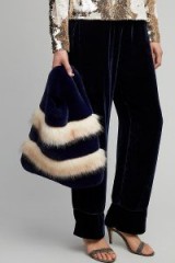 Anthropologie Jesse Faux Fur Stripe Mini Tote ~ fluffy luxe handbags ~ navy blue striped bags