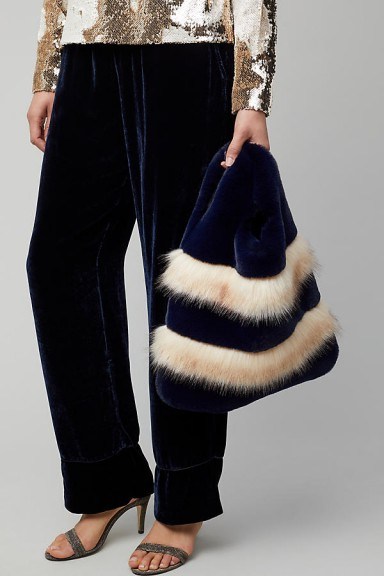 Anthropologie Jesse Faux Fur Stripe Mini Tote ~ fluffy luxe handbags ~ navy blue striped bags - flipped
