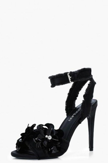 boohoo Jessica Embellished Satin 2 Part Heels – floral party shoes – strappy high heel sandals - flipped