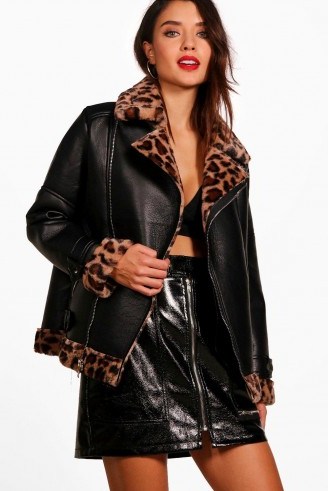 boohoo Jodie Leopard Faux Fur Aviator Jacket – animal print jackets - flipped