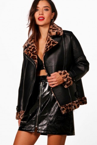 boohoo Jodie Leopard Faux Fur Aviator Jacket – animal print jackets