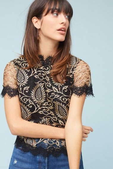 Anthropologie Joyce Metallic Lace Blouse | sheer sleeve blouses | feminine style tops - flipped