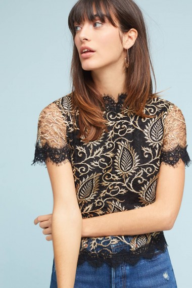 Anthropologie Joyce Metallic Lace Blouse | sheer sleeve blouses | feminine style tops