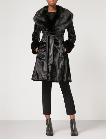 KAREN MILLEN Faux-fur belted coat / black luxury style coats / glamorous outerwear - flipped