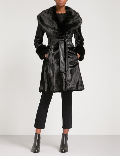 KAREN MILLEN Faux-fur belted coat / black luxury style coats ...