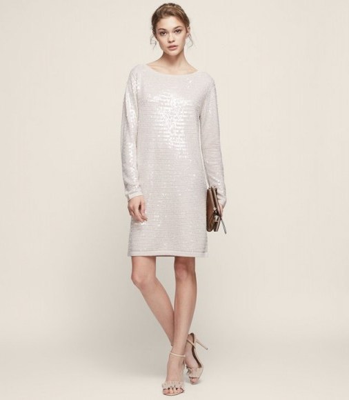 REISS KAYLA KNITTED SEQUIN DRESS NEUTRAL / long sleeved sequined shift dresses / instant party glamour / effortless evening style - flipped