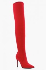 boohoo Kitty Pointed Stretch Over The Knee Boot – long red high heel boots – stiletto heels