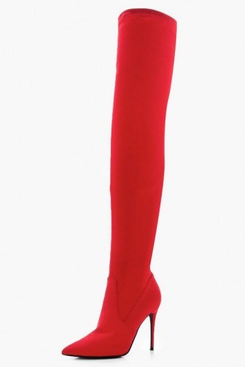 boohoo Kitty Pointed Stretch Over The Knee Boot – long red high heel boots – stiletto heels - flipped
