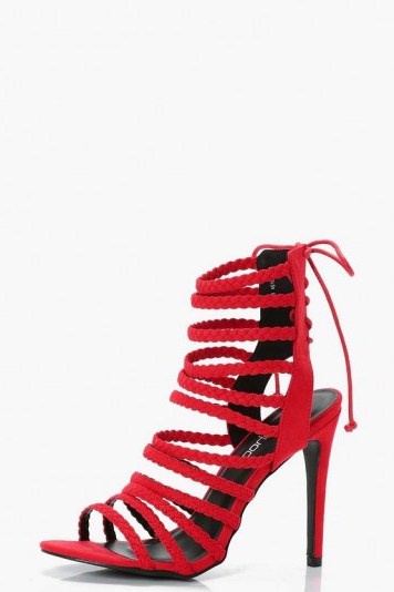 boohoo Lacey Multi Strap Gladiator Heel – red strappy high heels – party shoes - flipped