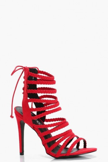 boohoo Lacey Multi Strap Gladiator Heel – red strappy high heels – party shoes